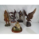 A collection of five figurines to include a large eagle on plinth entitled Summit of Mystery,