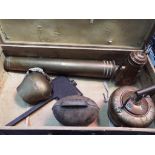 A large vintage suitcase containing a military shell inscribed to the base 76x636 DN30, DN8 - 5,