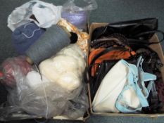 A box containing a large quantity of wool and a further box containing eight handbags (2)