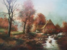 A framed oil on canvas depicting a cottage beside a stream in woodland,
