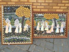 Two paintings on silk depicting Asian figural groups in the garden,