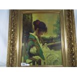 An oil on canvas framed under glass depicting a seated young girl holding a dove,