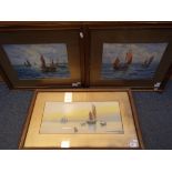 A watercolour mounted and framed under glass depicting fishermen at sea signed lower left by the
