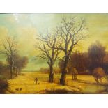 An ornately framed oil on board depicting a gentleman and canine companion walking in a countryside