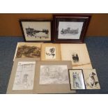 A mixed lot of pictures predominantly unframed to include etchings, pencil sketches,