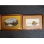 A watercolour depicting a lakeside scene with grazing cattle mounted and framed under glass,