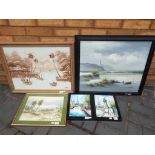 5 frames pictures of varying sizes to include oils and a watercolour,