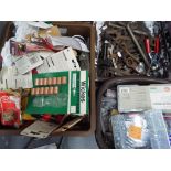Three boxes of tools comprising spanners, screws, nuts, washers,