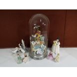 A good mixed lot to include a ceramic bird set on an arrangement of flowers in a glass dome,