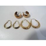 Three pairs of 9 carat gold earrings/sleepers, approximate weight 5.79 grams. Estimate £40 - £60.