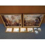 Two framed oils on board one depicting a fairground scene the other depicting a street scene sign