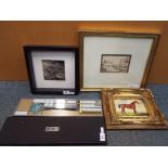A small collection of pictures of varying sizes to include oil on board depicting a horse,