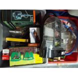 Three boxes of tools comprising drill bit set in case, hoses, paint brushes, gutter guard,