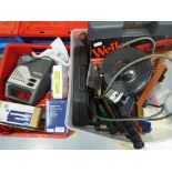 Two boxes containing a quantity of tools to include a Weller Instant Heat Gun kit, a bench grinder,