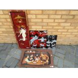 Five decorative wood panels of varying sizes with an oriental theme and carved wooden panel
