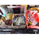 Three boxes containing a large quantity of decorative glass vases, chess set,