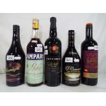 Five bottles of alcoholic beverages to include Taylors select port, Campari,