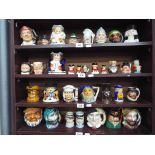 A quantity of small character and Toby jugs contained over four shelves.