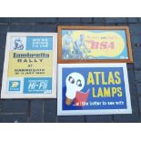 Three framed and glazed reproduction advertising posters comprising BSA,