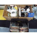 Two boxes containing a mixed lot of glassware and ceramics, an Asian silk scarf,