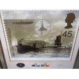 A Royal Mail limited edition stamp poster depicting a Unity Class 1939 submarine inset with four