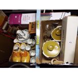 two boxes containing a large quantity of ceramic tableware by J & G Meakin, a mantel clock,