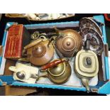 A good mixed lot to include brass ware, plated ware, novelty teapot in the form of a tank,