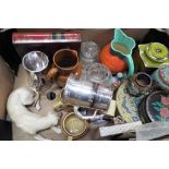 A mixed lot to include vintage tins, ceramics to include Royal Doulton Slaters Patent Vase,