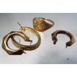 Scrap gold - a quantity of 9 carat scrap gold to include earrings and a gentleman's signet ring