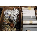 A box containing a quantity of ceramic figurines, pewter ware, Royal commemorative teapot,