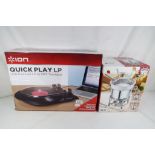 A Quick Play LP USB powered turntable converting LPs into MP3s, boxed and a fondue set,