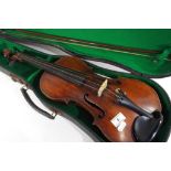 A wooden violin with bow and presentation case,