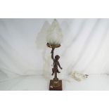 A bronzed table lamp depicting a cherub,