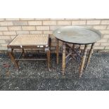 An antique brass Indian embossed tray on a folding stand with a stool (3)