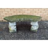A concrete garden bench on concrete supports in the form of fish, 40 cm x 100 cm x 38 cm.
