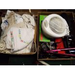 Two boxes containing a mixed lot to include a quantity of vintage linen,