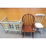 Lot to include a vintage doll's cot, two child's chairs, one a rocker.