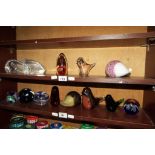 Two shelves of glass paperweights by Caithness, Wedgwood and similar (2 shelves).