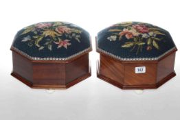 Pair Victorian octagonal needlework topped footstools/spittoons
