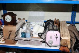 Edwardian mantel clock, toaster, vacuum, Vanguard tripod, coat rack, watches,