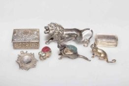 Silver pill box, silver lion model, silver pig-form pin cushion,