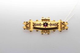 9 carat gold bar brooch set with garnets and seed pearls