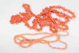 Three coral necklaces, bracelet,