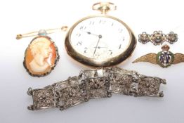 Waltham gold plated pocket watch, RAF brooch, opal brooch,