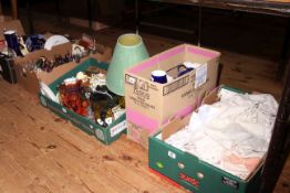 Five boxes of assorted glass, china, linen, lamp,