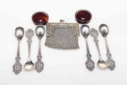 Set of six salt spoons, French purse,