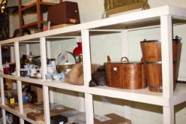 Full shelf of china, dinnerware, furs, wood fish kettle, wood bucket, firescreen, jam pan,