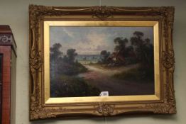 A*** Perrin, Farmstead, signed oil on canvas, 39.5cm by 59.