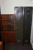 Two vintage steel lockers and 1930's oak cabinet bookcase (3)