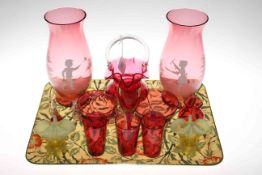 Collection of Victorian and later cranberry glass and pair of vaseline glass vases